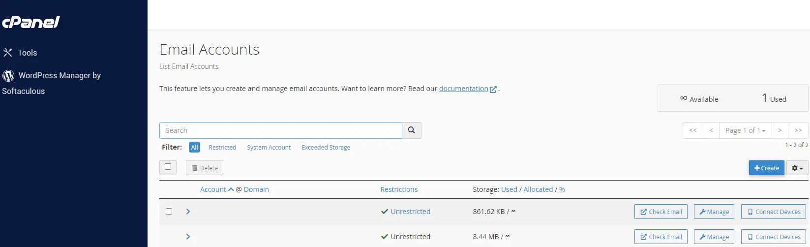 Email Control Panel Account